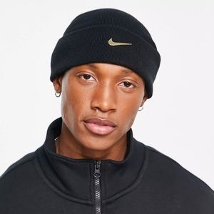 NIKE Air Metallic Swoosh Cuffed Beanie Hat Cap Black Unisex Size OSFM